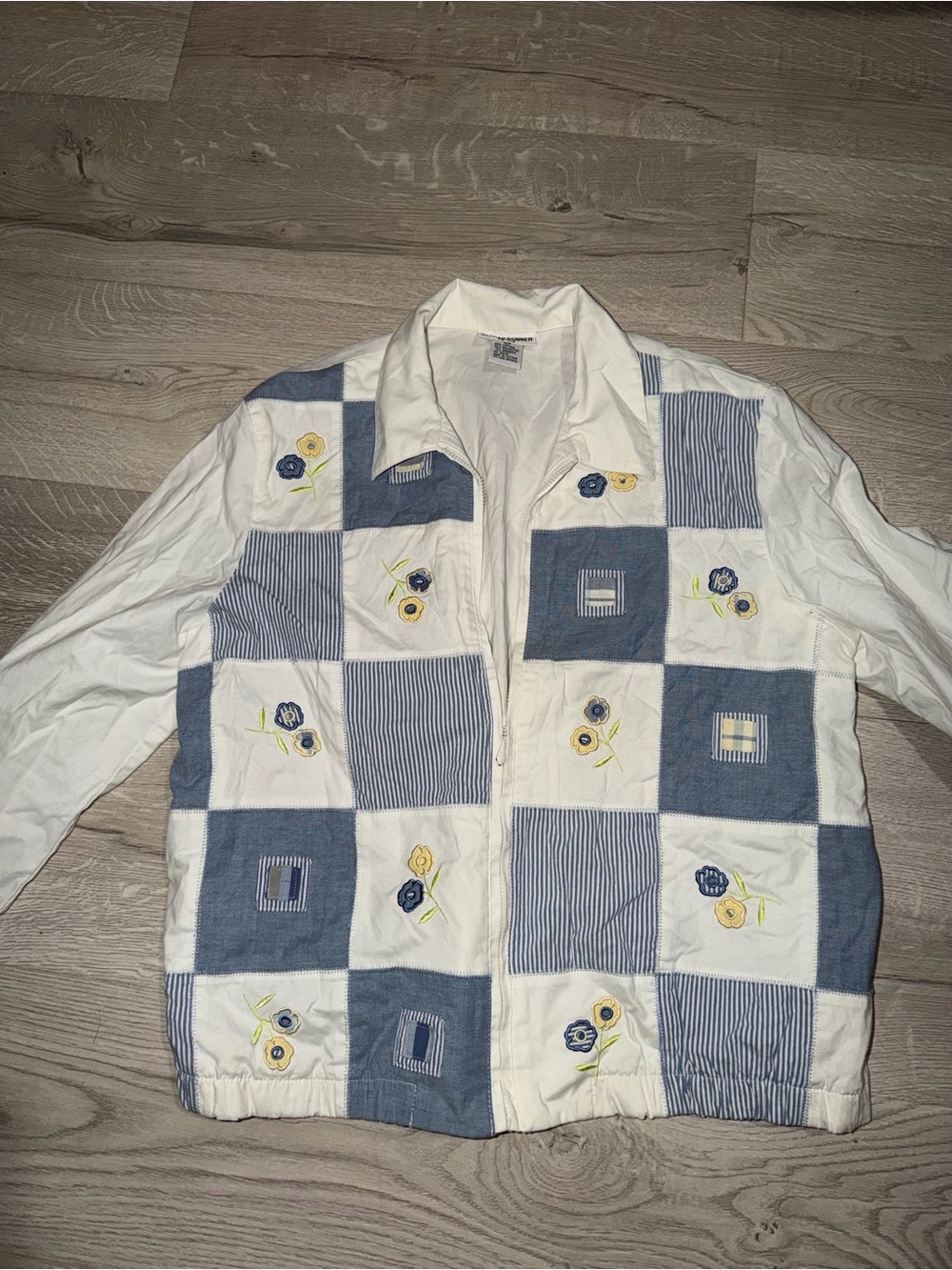 Alfred Dunner White and Blue Patchwork Embroidered Shirt Jacket